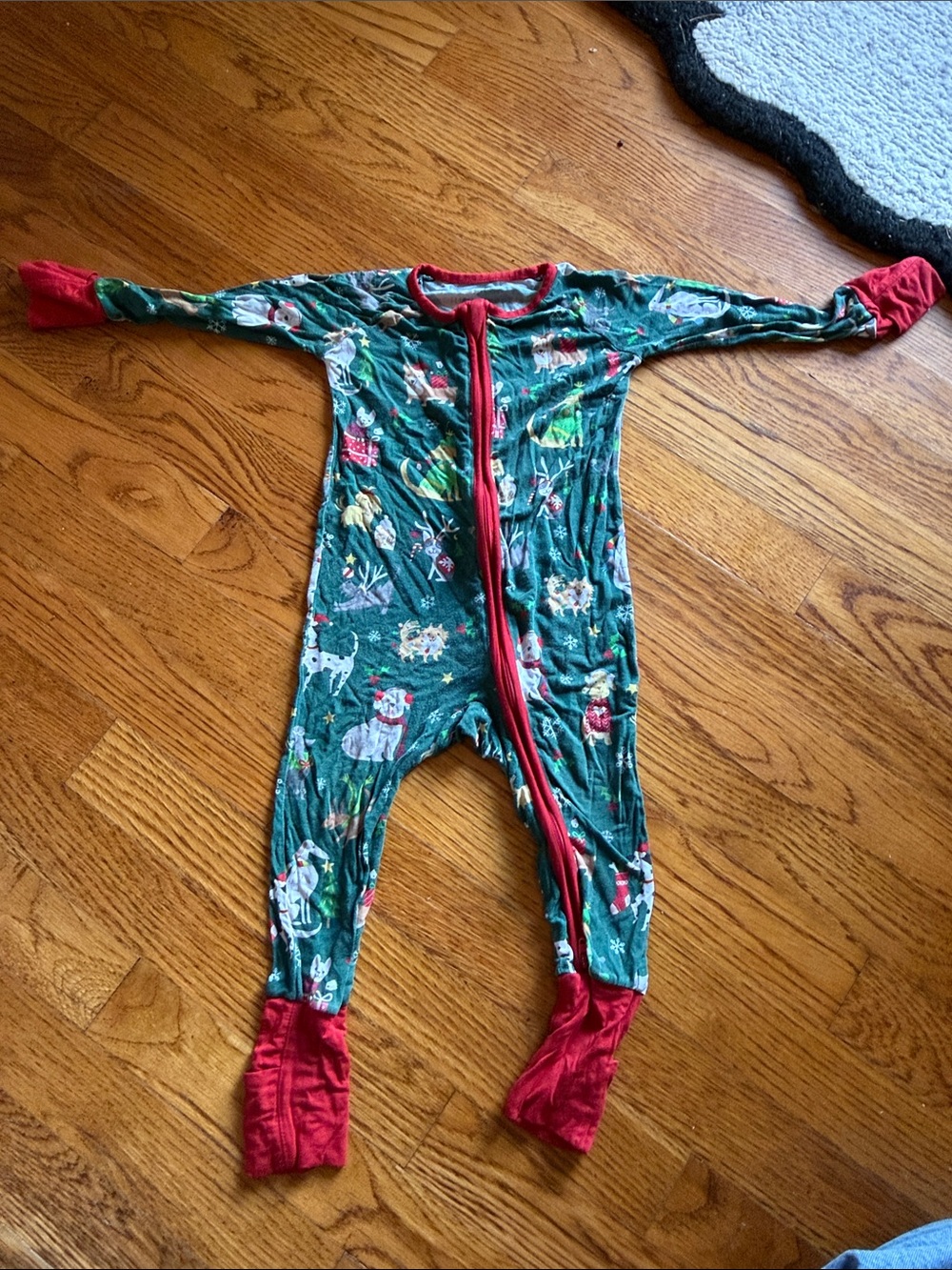 Little sleepies Green Holiday Print One-Piece Pajamas with Red Trim